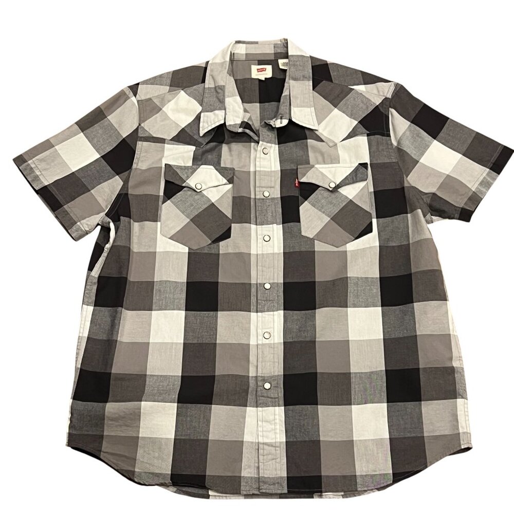 Levi's Short Sleeve Western Snap Shirt, Gray Buffalo Plaid, XL